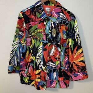 Chicos Jacket Womens Large 2 Black Floral Blazer Tropical Button Artsy Colorful